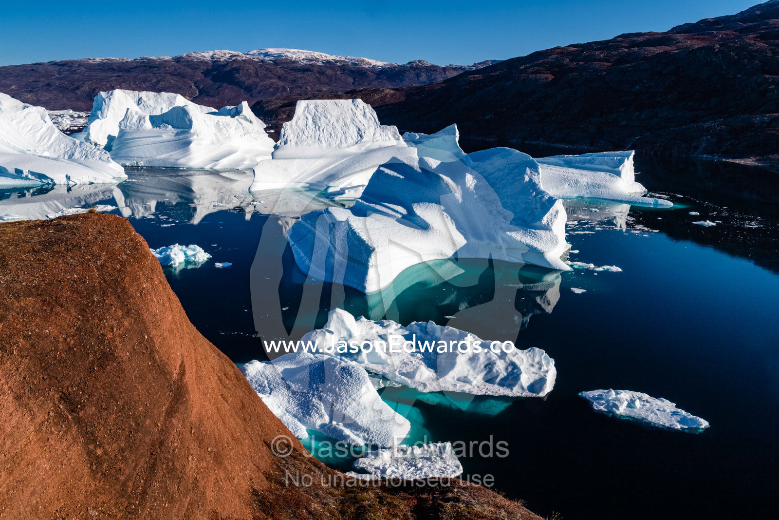 In the dark, still waters of a fjord giant blocks of ice gather in an Iceberg Graveyard. Milne Land, Rode Island, Red Island, Rode Fj, Scoresby Sound, Greenland