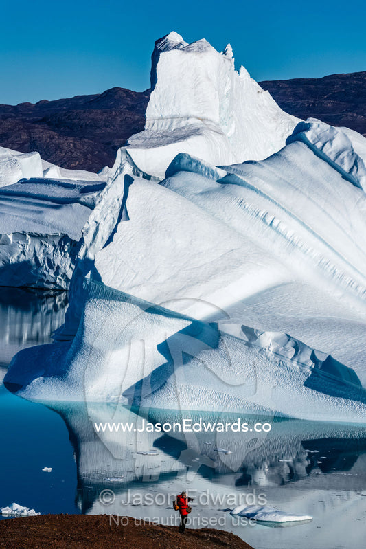 A hiker photographing an Iceberg Graveyard in a fjord. Milne Land, Rode Island, Red Island, Rode Fj, Scoresby Sound, Greenland