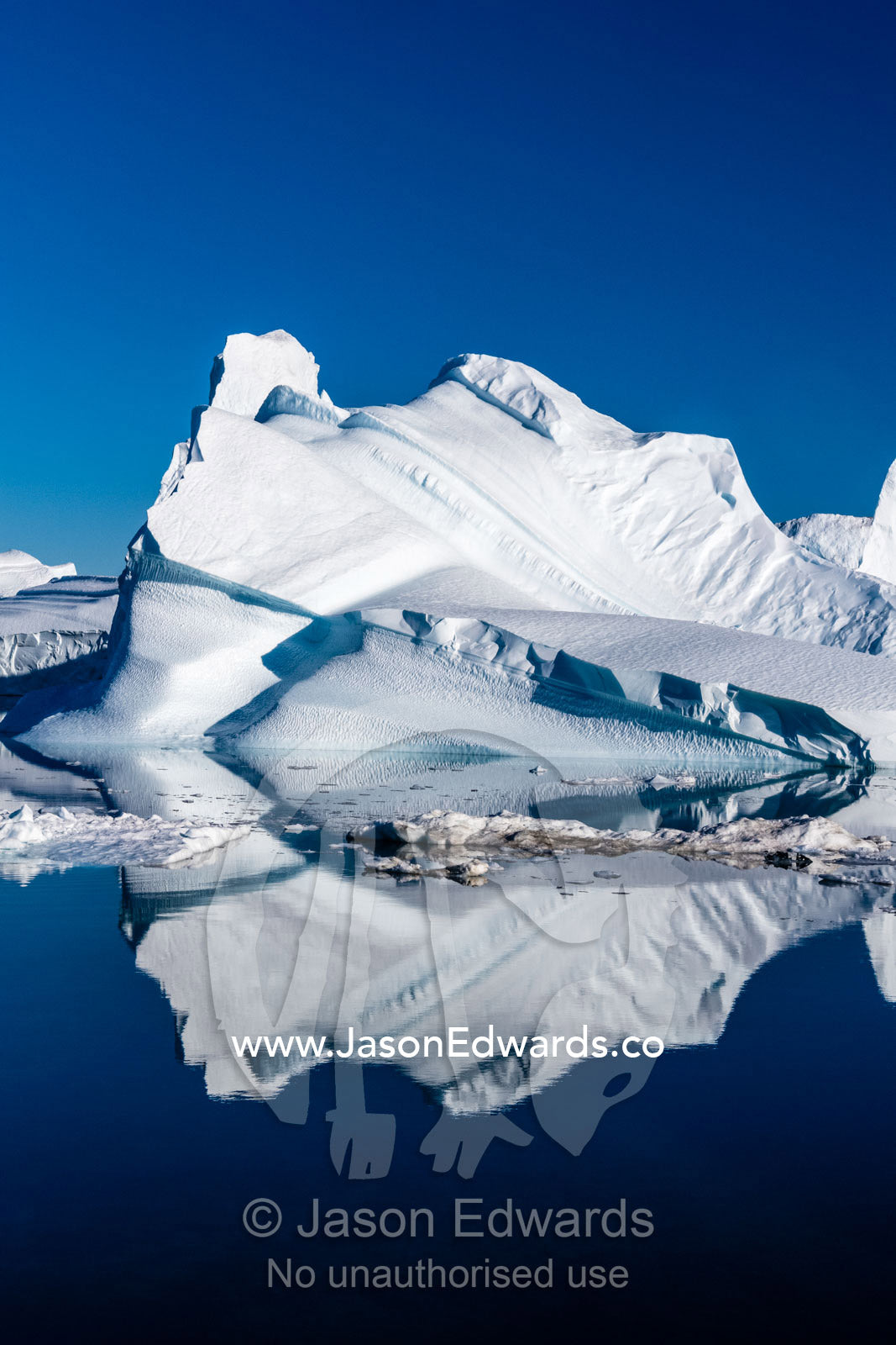 Sculptured mountains of ice carved by erosion reflecting in an Iceberg Graveyard. Milne Land, Rode Island, Red Island, Rode Fj, Scoresby Sound, Greenland