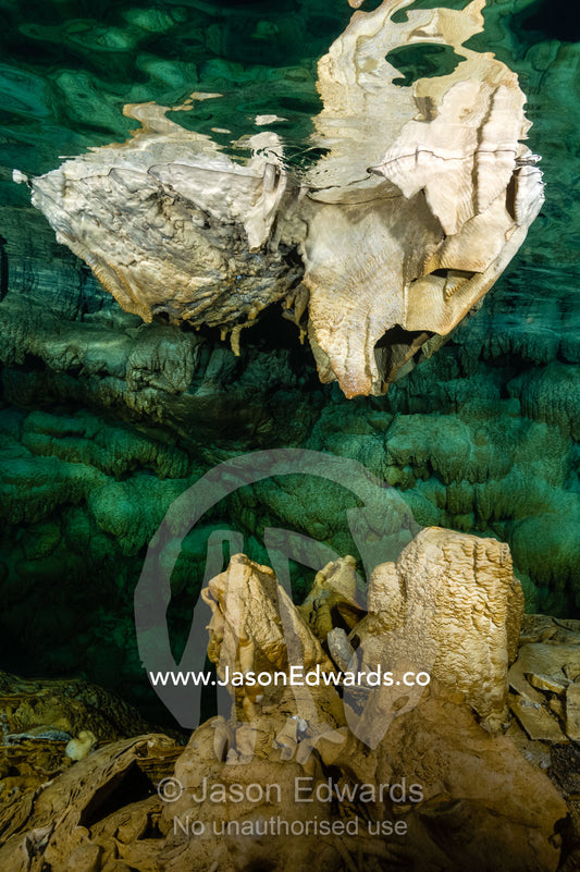 Limestone stalactites hanging from the ceiling in a submerged cave. Makatea Atoll, Tuamotu Archipelago, French Polynesia