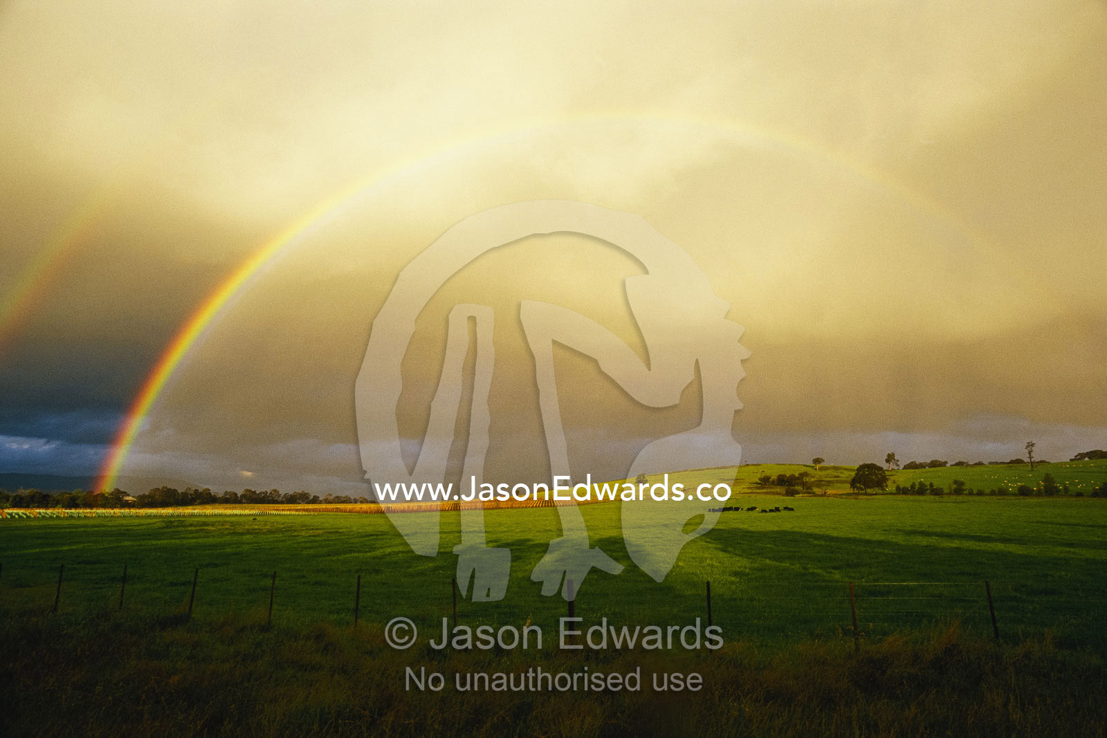 A double rainbow arcs over farmland and vineyards in the Yarra Valley. Yarra Valley, Victoria, Australia.
