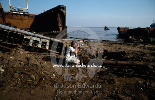 Jason Edwards photographs a shipbreaking yard on a Gujarat beach. Gujarat State, India.