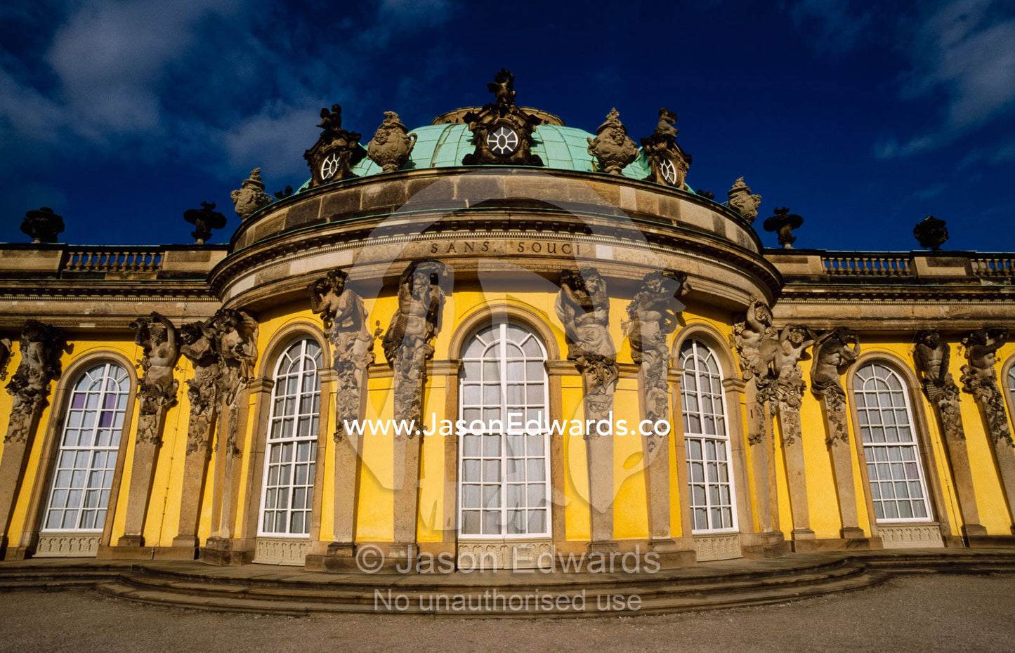 View of the exterior of rococo style San Souci Palace. Sans Souci Palace, Potsdam, Germany.