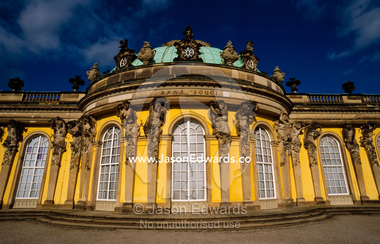 View of the exterior of rococo style San Souci Palace. Sans Souci Palace, Potsdam, Germany.