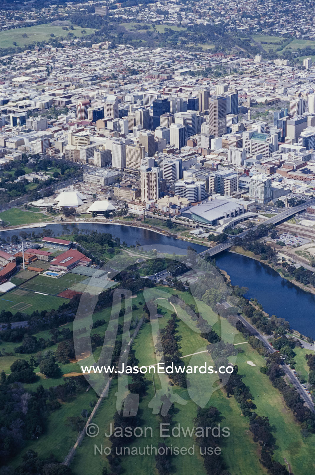 Aerial of Torrens River and the city of Adelaide. Adelaide, South Australia, Australia.