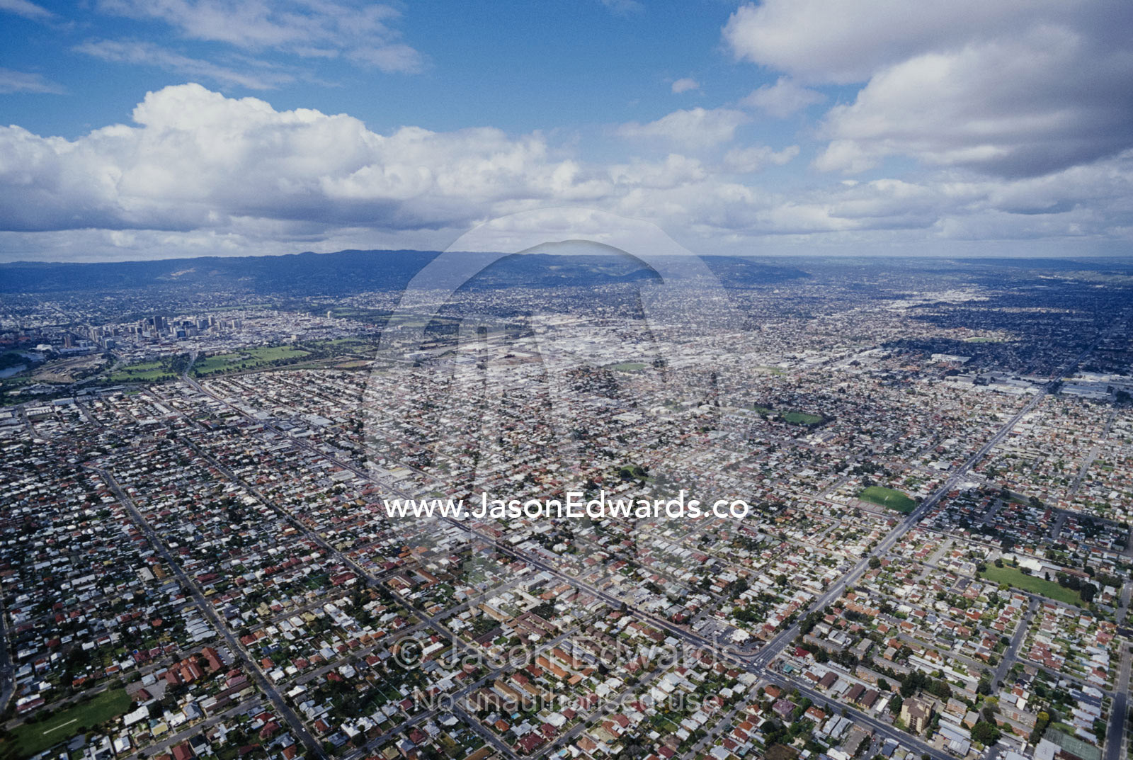 Aerial of Adelaide suburban sprawl. Adelaide, South Australia, Australia.
