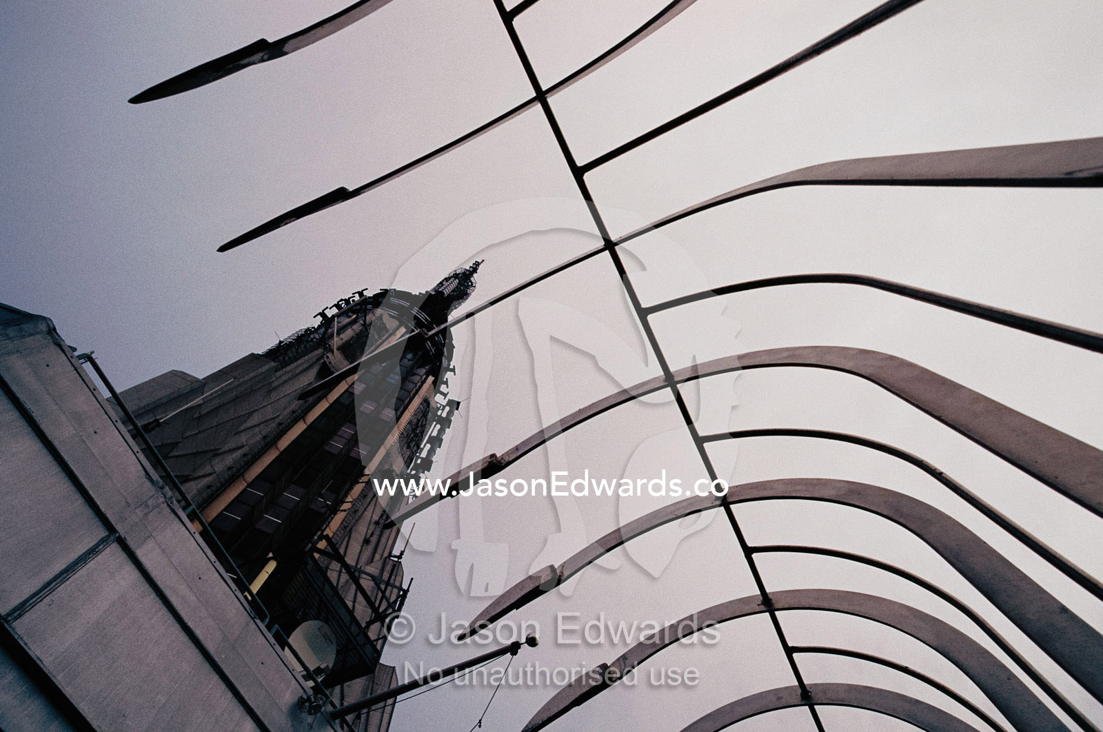 A view through guard rails at the top of the Empire State Building. Empire State Building, New York, New York.