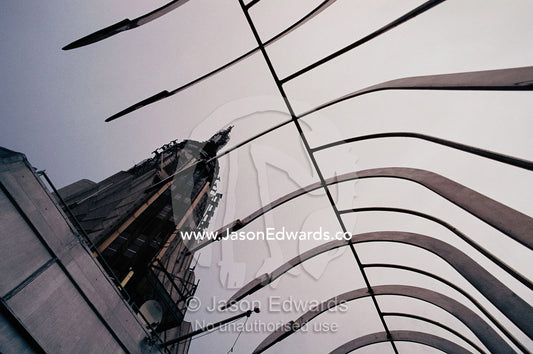 A view through guard rails at the top of the Empire State Building. Empire State Building, New York, New York.