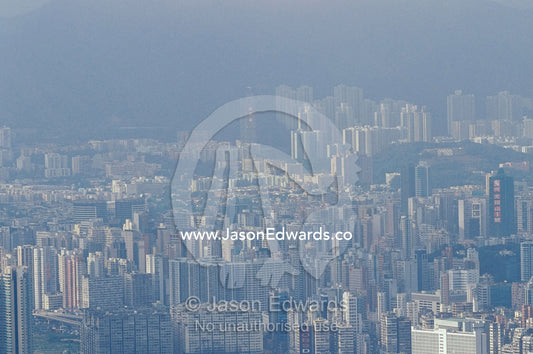 A view of Kowloon shrouded with air pollution. Kowloon, Hong Kong.