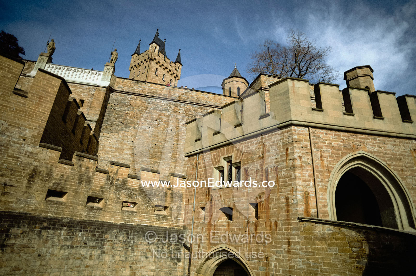 Wall battlements near moat at Burg Hohenzollern castle, 1850-1867. Burg Hohenzollern Castle, Baden-Wurttenberg, Germany.