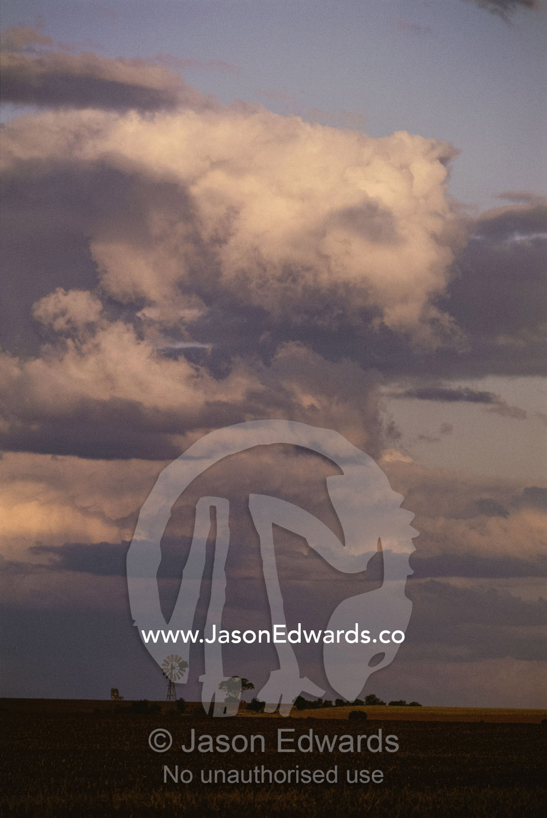 Windmill and plains under stormy sky. Emerald, Queensland, Australia.