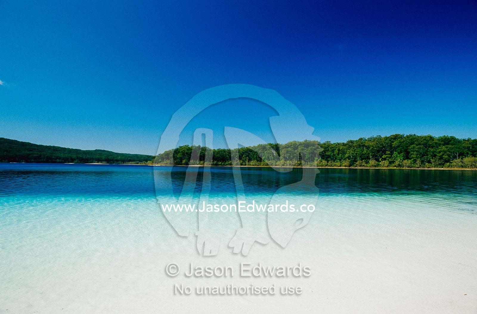 View across a clear, pristine freshwater lake. Lake McKenzie, Great Sandy National Park, Queensland, Australia.
