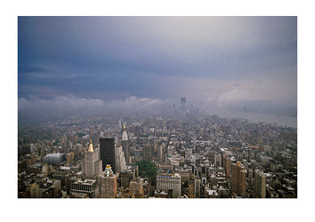A storm descends over the New York skyline, Long Island and the Twin Towers. New York, Long Island, USA